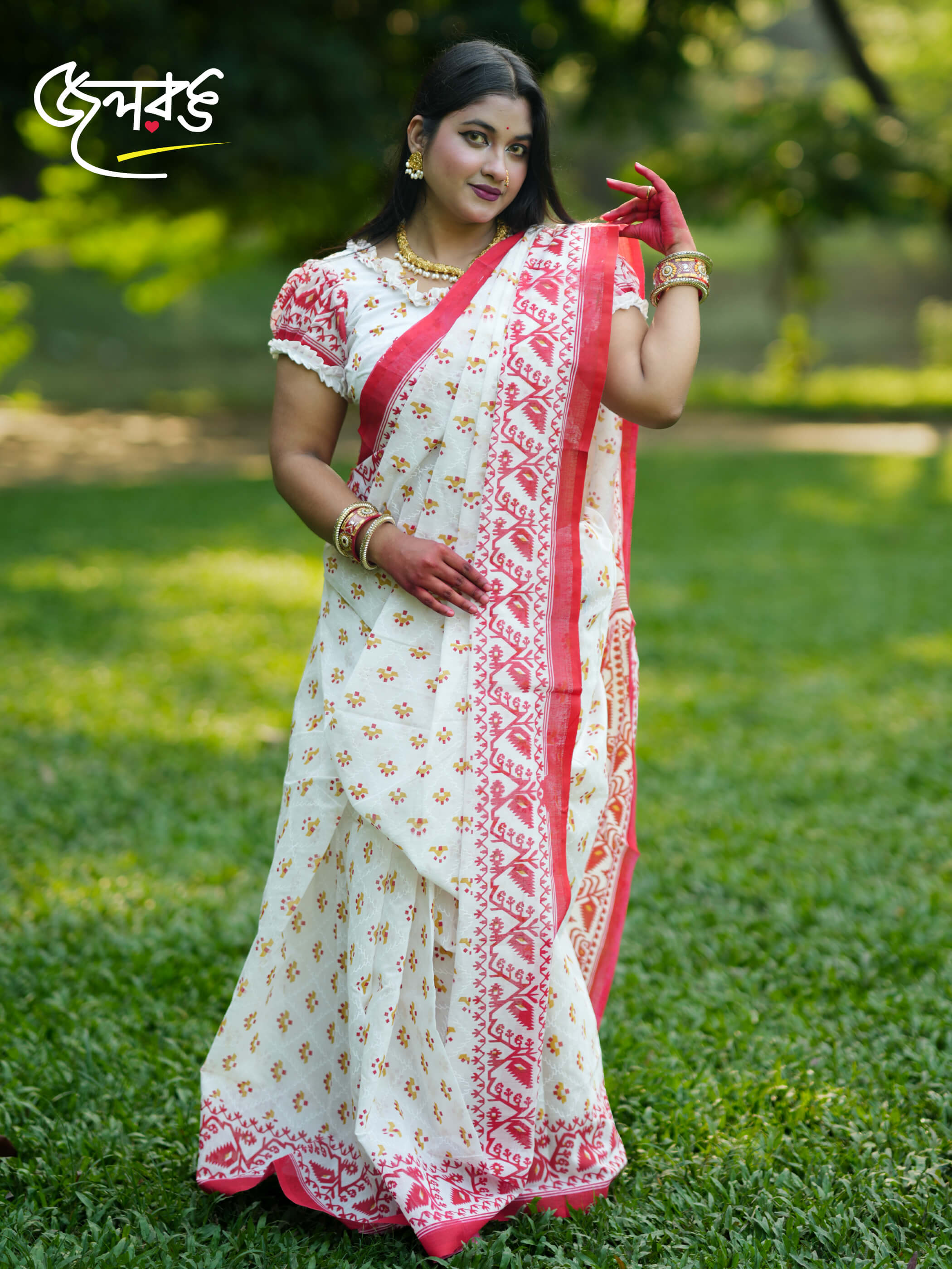 Debi — White & Red Printed Jamdani Half Silk Saree